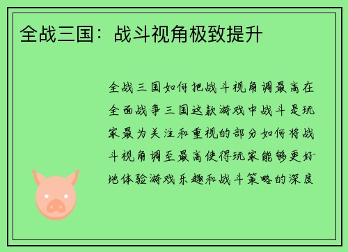 全战三国：战斗视角极致提升
